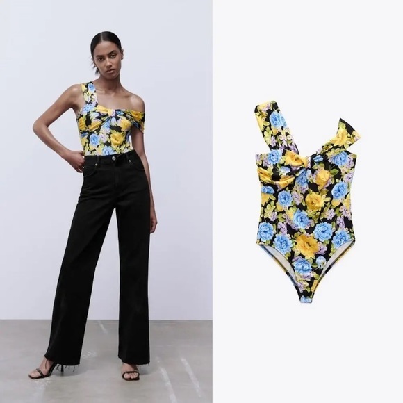 Zara Black Floral Bodysuit with Knot Size L - Picture 1 of 5
